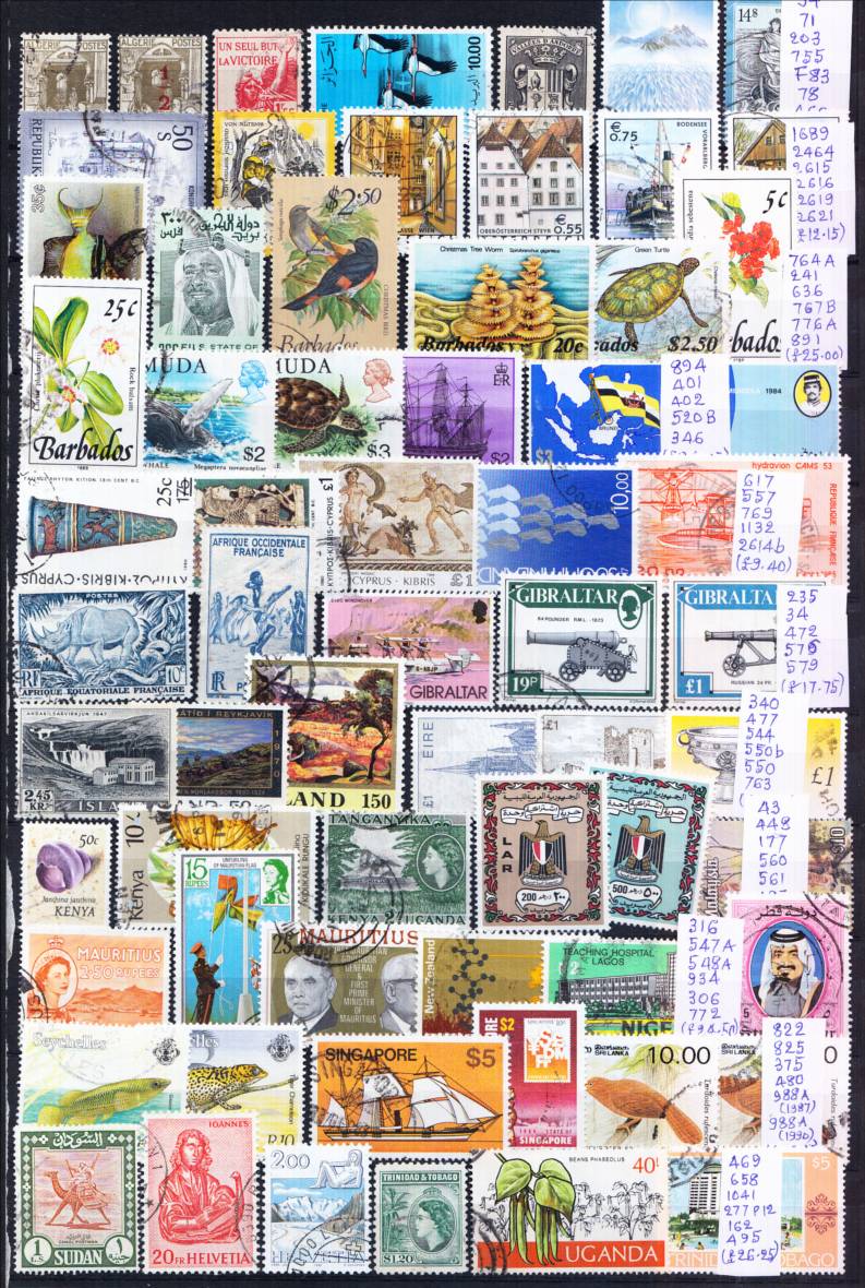 World stamps used on stocksheet, mostly high values.