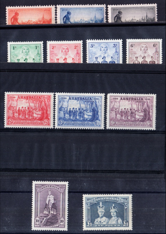 1934 Victoria set, 1937 NSW set, 1940 A.I.F. set & 1937 10/- & £1 all Mint, fine.