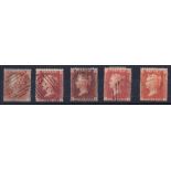 1854-57 1d reds wmk Large Crown shades of SG 29-33 F/U. incl. scarcer.