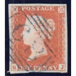 1841 1d red, R-J, used with "68" cancel in blue, 4 margins, fine.