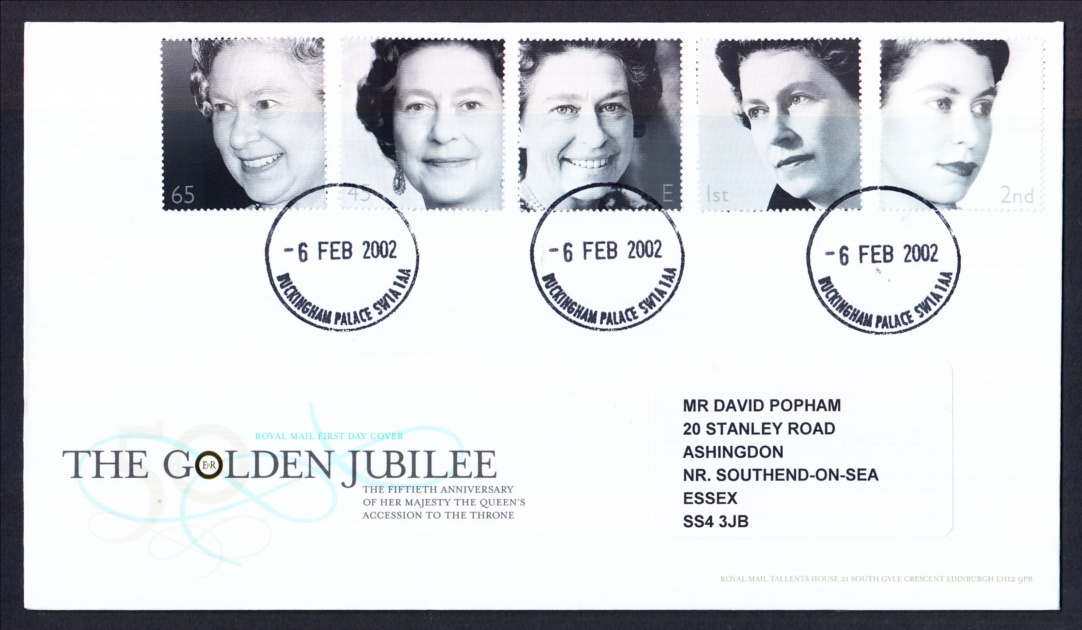 2002 Golden Jubilee Royal Mail FDC with Buckingham Palace CDS. Printed address label, fine.