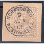 1913 (Aug 1st) 1/- bistre on piece with Norwood CDS.
