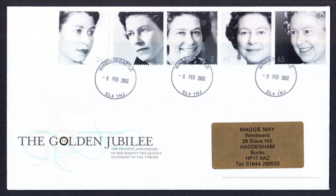 2002 Golden Jubilee Royal Mail FDC with Windsor Castle CDS. Printed address label, fine.