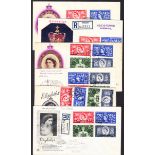 1953 Coronation different illustrated FDCs: Bahrain (3), Kuwait & Muscat (2), mostly fine.