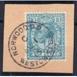 1913 (Aug 1st) 10d turquoise on piece with Norwood CDS.