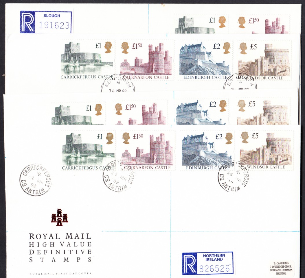 1992 High Values 4 sets on 4 FDCs with the 4 relevant Castle CDSs. Printed or label addresses, fine.