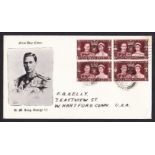 1937 Coronation block of 4 on unusual illustration GVI Portrait FDC with Southport CDS.