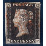 1840 1d black, plate 2, E-F, F/U with light red maltese cross, 4 margins, fine.