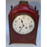 MANTLE CLOCK WITH RED CHINOISERIE DECORATED CASE
