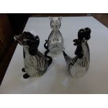 X 3 LOVELY VINTAGE BLACK/WHITE GLASS ANIMAL ORNAMENTS