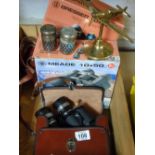 SEVERAL BINOCULARS + CAMERA + MODEL BRASS AEROPLANE