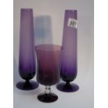 3 X AMETHYST COLOURED GLASS VASES