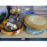 MIXED ITEMS INC WOODEN BREAD BOARDS SOME CHINA AD GLASS DECANTER