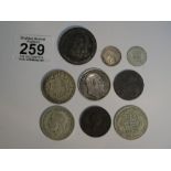 SMALL QUANTITY OF COINS CONTAINING, GEORGIAN CARTWHEEL 1797 & WILLIAM BRONZE COIN DATED 1699