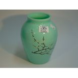 GREEN GLASS HAND PAINTED VASE
