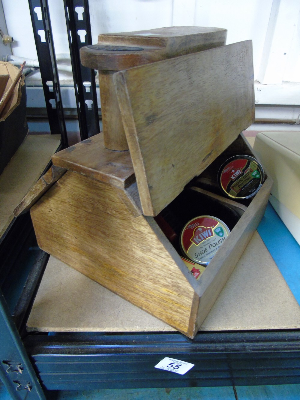 LOVELY VINTAGE 'SHOE SHINE' BOX/STAND INC CONTENTS