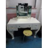 PAINTED DRESSING TABLE, STOOL AND FOLDING MIRROR