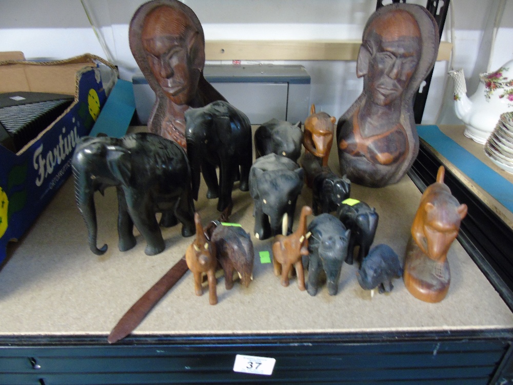 QUANTITY MODEL ELEPHANTS AND WOODEN CARVED HEADS
