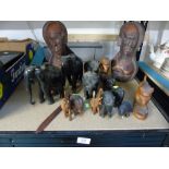 QUANTITY MODEL ELEPHANTS AND WOODEN CARVED HEADS