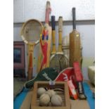 QUANTITY VINTAGE CRICKET BATS, TENNIS RACKETS AND TABLE TENNIS BALLS