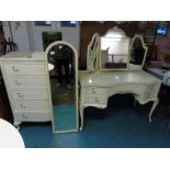 FRENCH STYLE DRESSING TABLE, CHEST OF DRAWERS & MIRROR