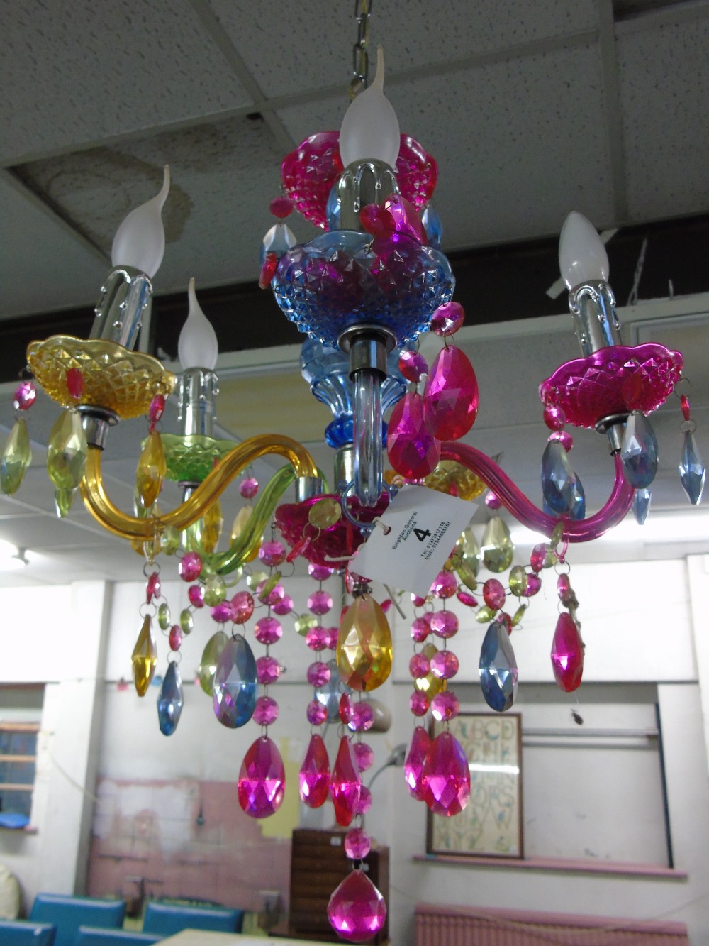 COLOURED GLASS CHANDELIER IN WORKING ORDER