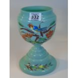 TURQUOISE GLASS VASE WITH BIRD & FLORAL DECORATION