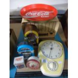 VINTAGE CLOCK, RADIO,  COCO COLA TRAY AND RETRO STYLE RADIOS