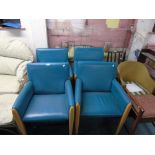 X 4 OAK DINING CHAIRS WITH TURQUOISE COLOURED SEATS