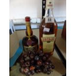 X 2 BOTTLES OF ALCOHOL   AND GLASS GRAPE ORNAMENT