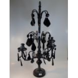 BLACK CANDELABRA WITH BLACK GLASS DROPS