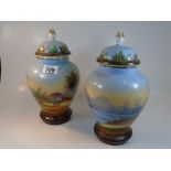 PAIR OF GLASS LIDDED URNS WITH RURAL SCENES