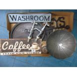 BOX OF METAL ITEMS INCL SIGNS AND WEIGHTS