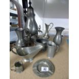 QUANTITY OF PEWTER ITEMS INC JUGS AND A URN