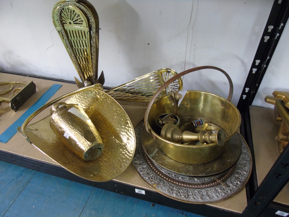 BRASS FIRE ITEMS + BOWLS, PLATTERS AND FOLDING FAN