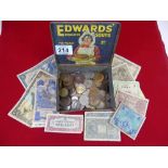 EDWARDS SOUP TIN WITH ASSORTED COINS & NOTES