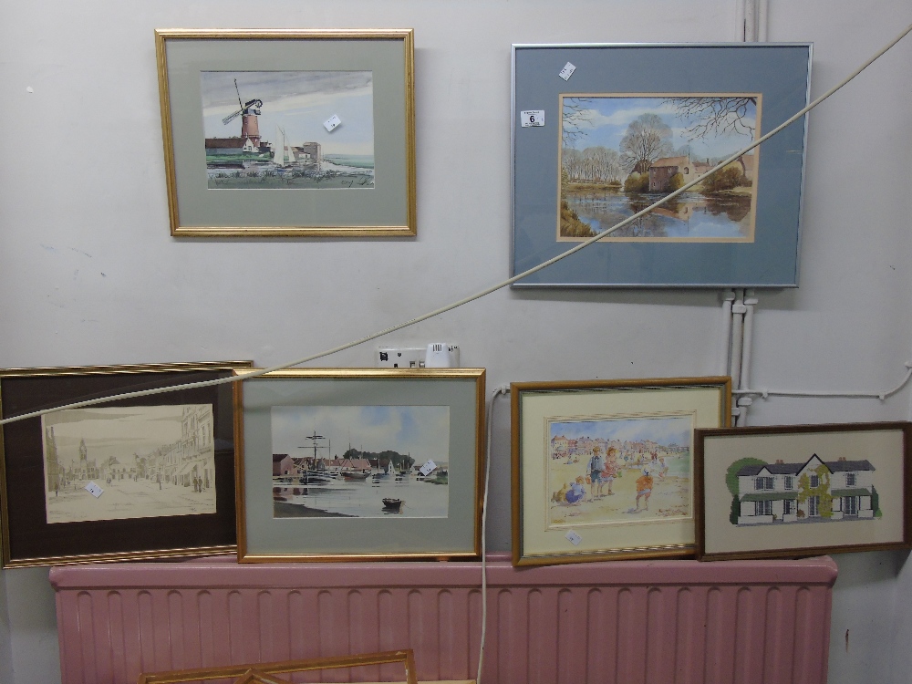 X 6 FRAMED PICTURES INCL WATER-COLOURS AND A CROSS-STITCH PICTURE