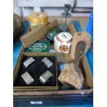 BOX OF MIXED ITEMS INCLUDING VINTAGE BUTTER PATS &AFRICAN HEAD