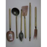 5 X FRENCH BRASS AND COPPER SERVING UTENSILS