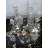 GLASS CLOCHE & 6 ASSORTED DECANTERS WITH STOPPERS