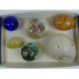 3 GLASS PAPERWEIGHTS & 3 STONE EGGS