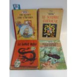 4 X 1950s TIN TIN BOOKS, THE SECRET OF THE UNICORN,RED RACKHAMS TREASURE,LE LOTUS BLEU & LE