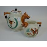 PORTLAND POTTERY TEA POT & JUG WITH HUNTING DECORATION