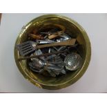 BRASS CAULDRON WITH CUTLERY