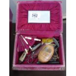 LINED JEWELLERY BOX WITH ASSORTED ITEMS, INCLUDING TREEN BELGIUM NEEDLE HOLDER