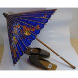 ORIENTAL PARASOL & PAIR OF ORIENTAL WOODEN SHOES