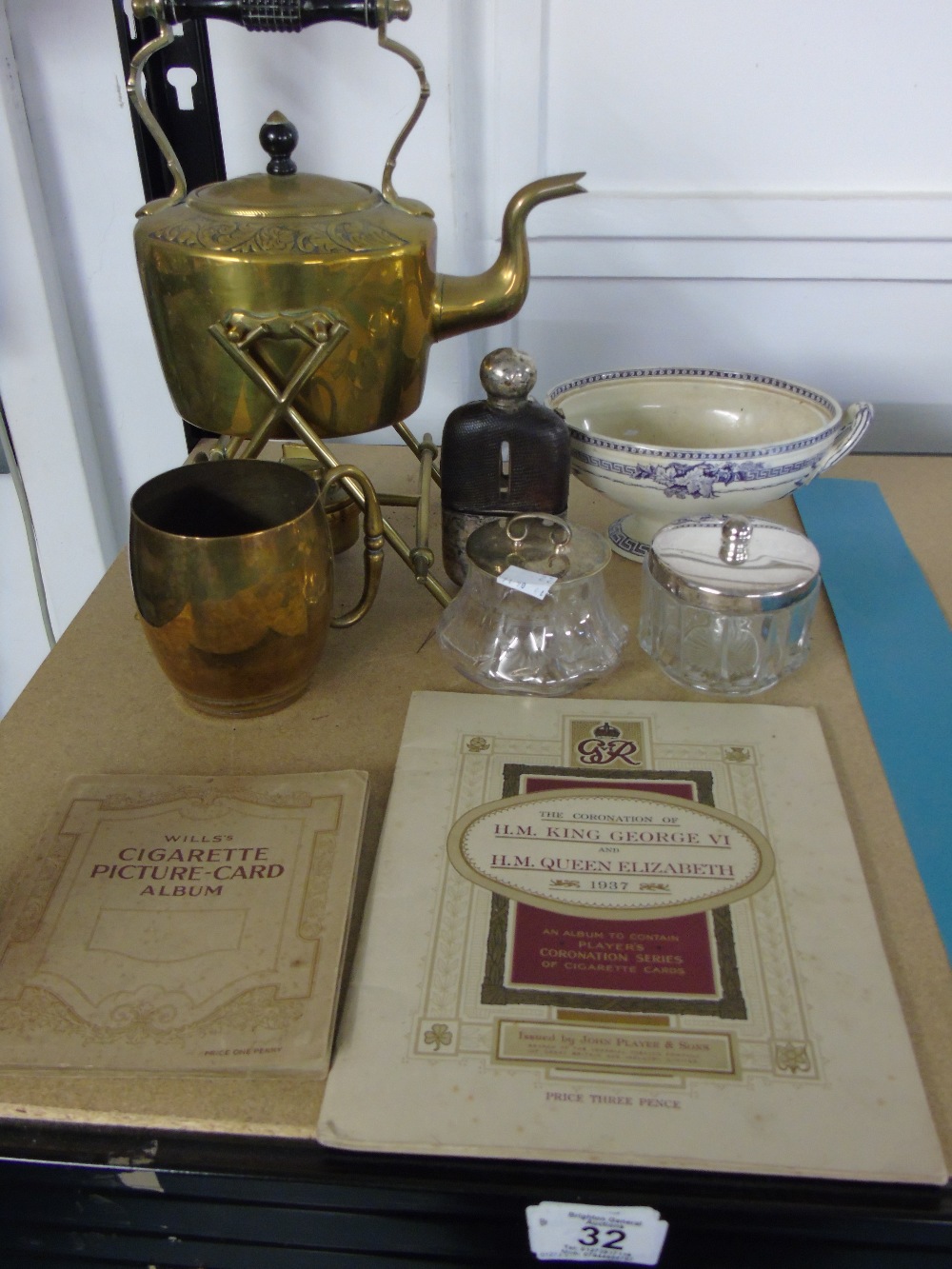 MIXED ITEMS INCLUDING ORNATE BRASS KETTLE WITH STAND