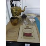 MIXED ITEMS INCLUDING ORNATE BRASS KETTLE WITH STAND