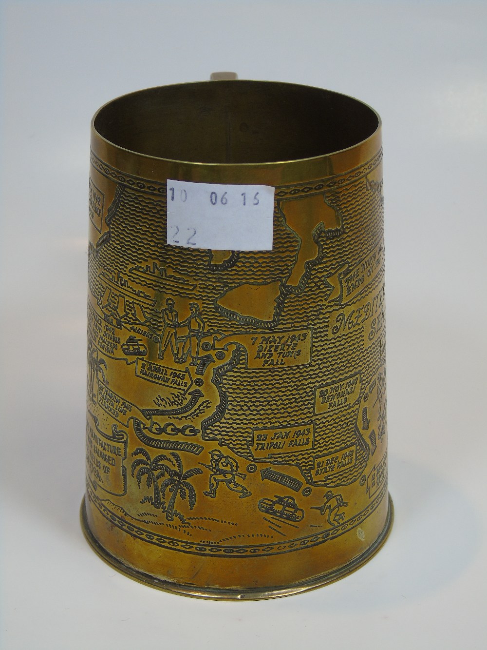 TANKARD BY GRANGER,MADE IN EGYPT WITH BRASS FROM THE BATTLEFIELDS OF NORTH AFRICA