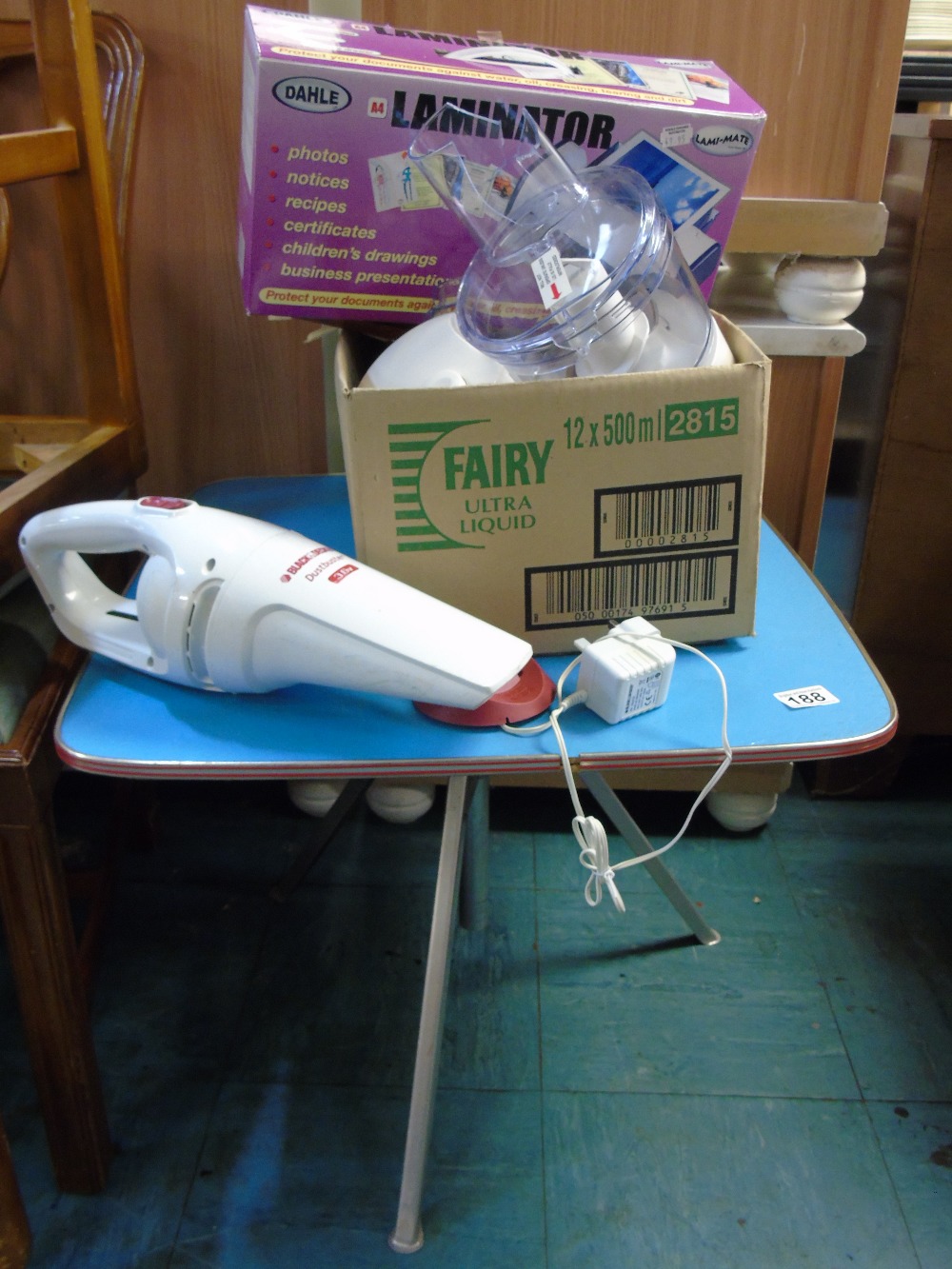 TURQUOISE TOPPED TABLE & ELECTRIC ITEMS